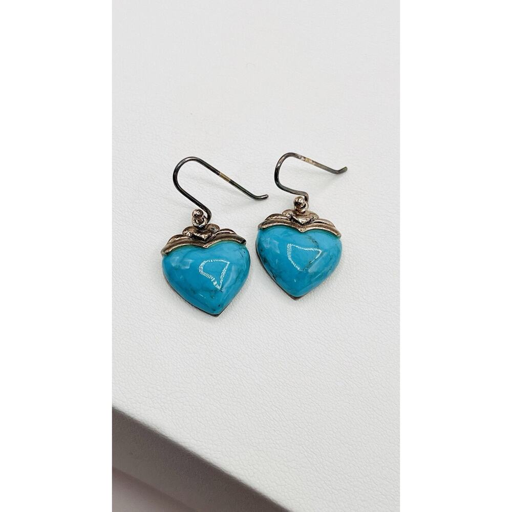 Vintage SX Sterling Silver 925 Dangle Blue Faux Turquoise Love Heart Earrings
